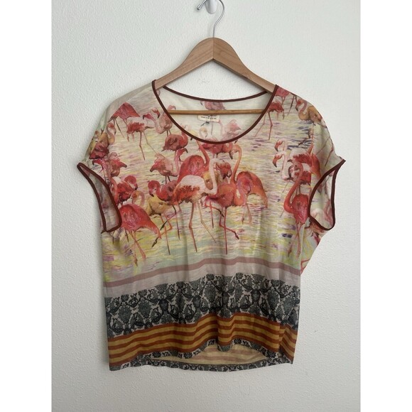 Anthropologie Tops - Anthropologie Watercolor Pink Flamingo Dolman Sheer Short Sleeve Top M/L Artsy